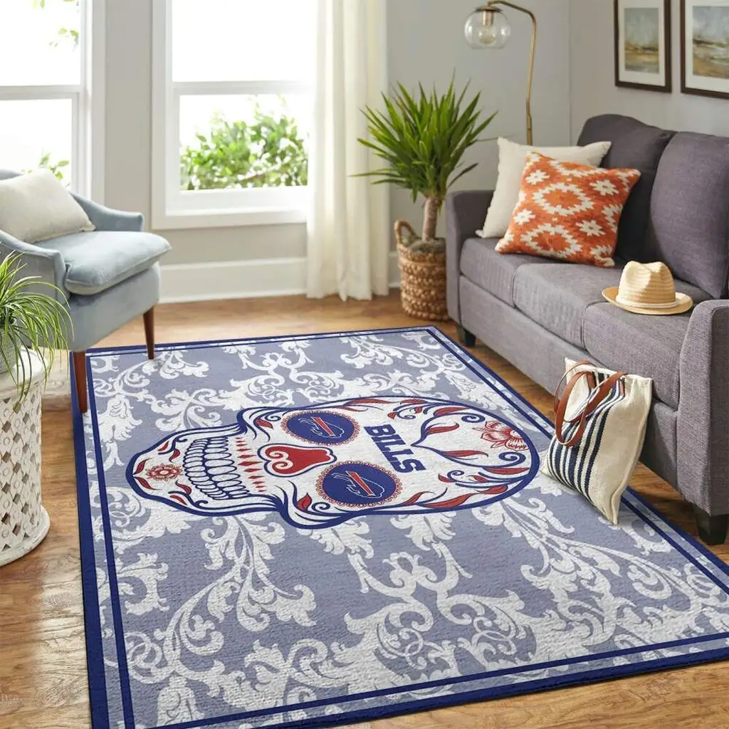 Decorative Rug with Skull and Floral Pattern Design Blue and White
