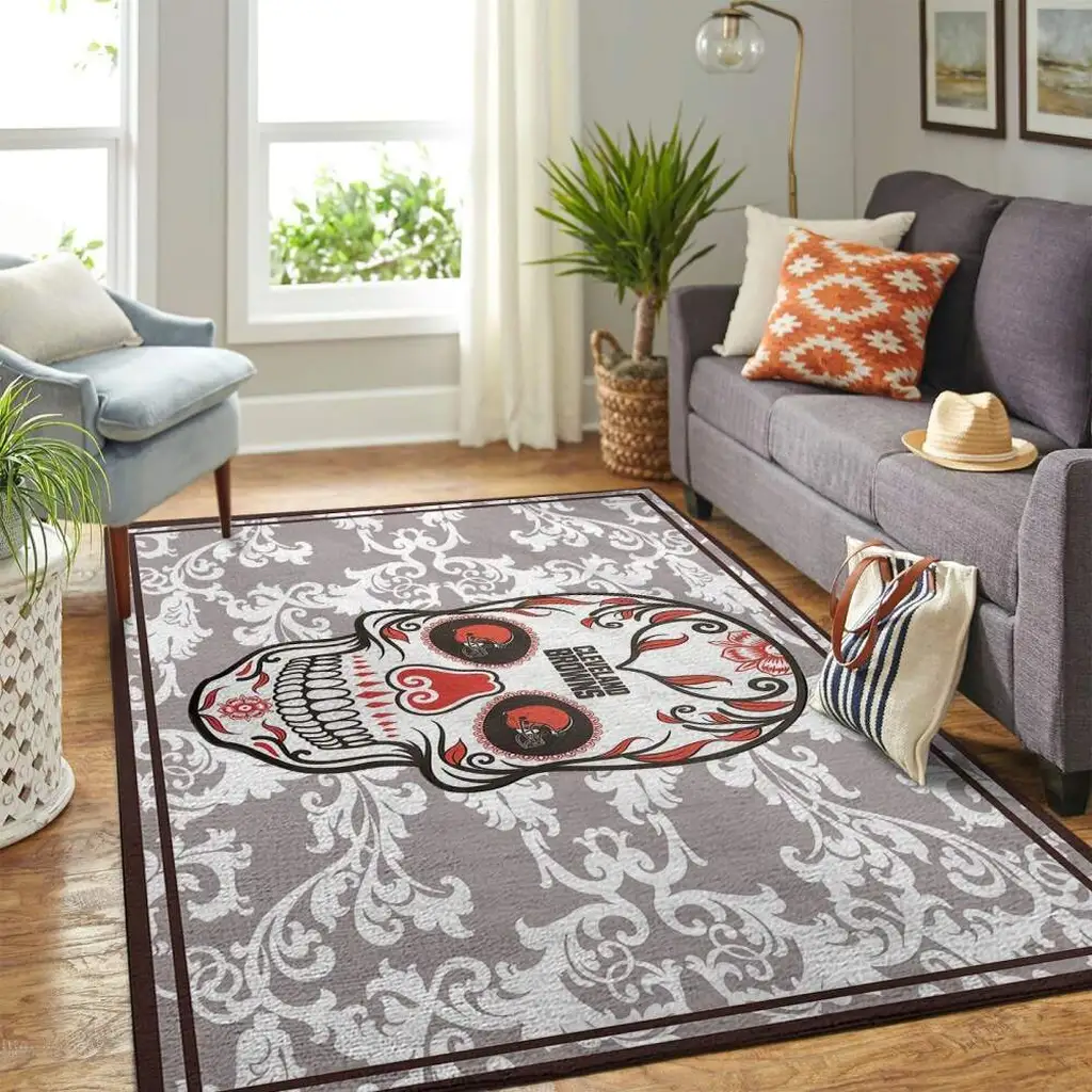 Decorative Rug with Sugar Skull Design for Living Room Gray and White