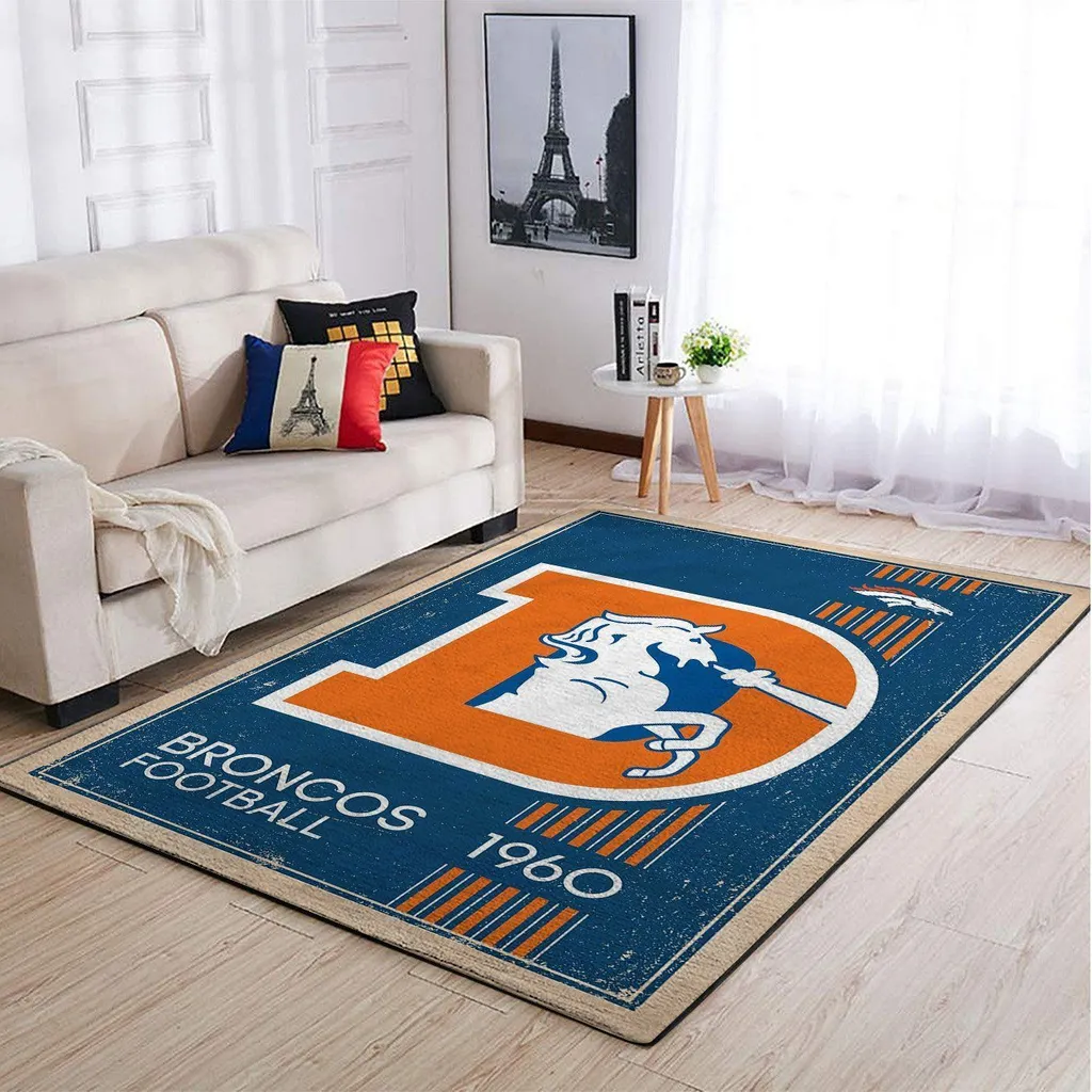 Denver Broncos Rug - Football Area Vintage Design Blue and Orange
