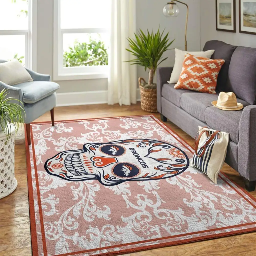 Denver Broncos Rug - Skull Pattern for Living Room Orange and White