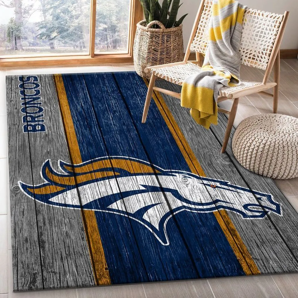 Denver Broncos Rug - Vintage Wooden Floor Blue and Gray