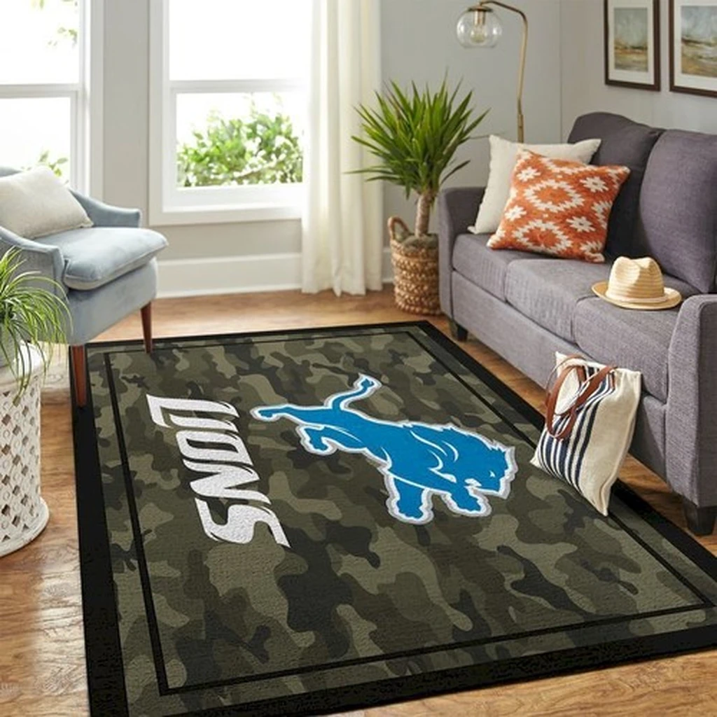 Detroit Lions Rug - Camo NFL Team Logo Floor Mat Blue and Green