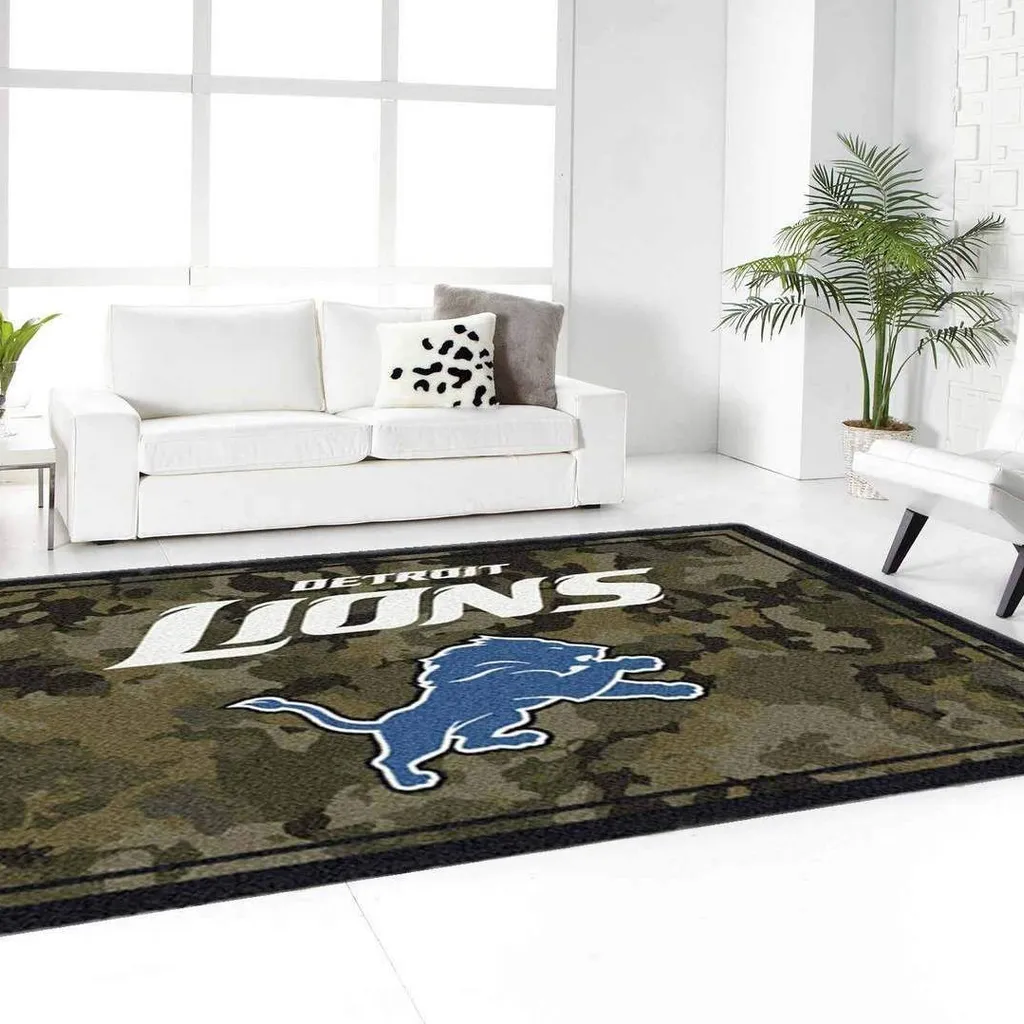 Detroit Lions Rug - Camouflage with Lion Design for Living Room Blue and Green