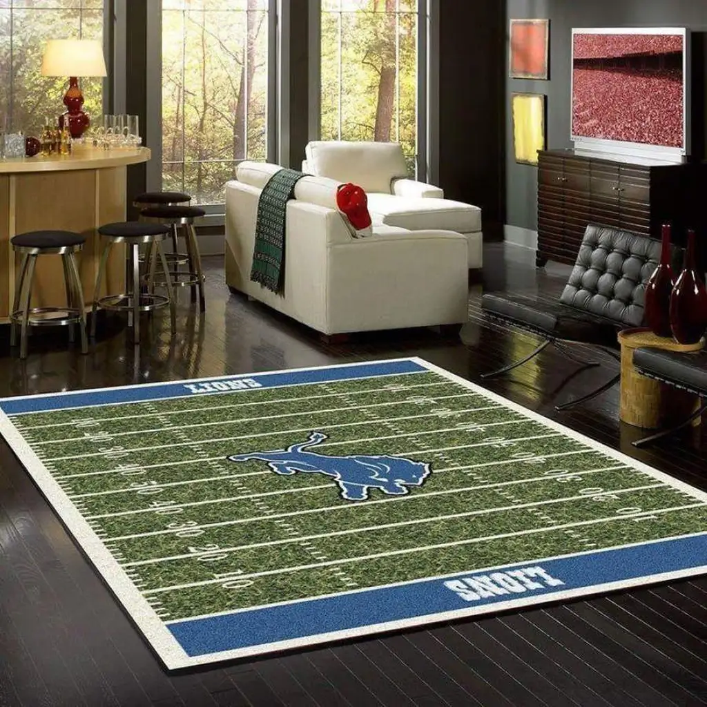 Detroit Lions Rug - Football Field for Living Room Decor Blue and Green