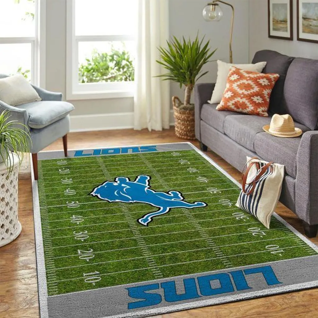 Detroit Lions Rug - Football Field Living Room Carpet Blue and Green
