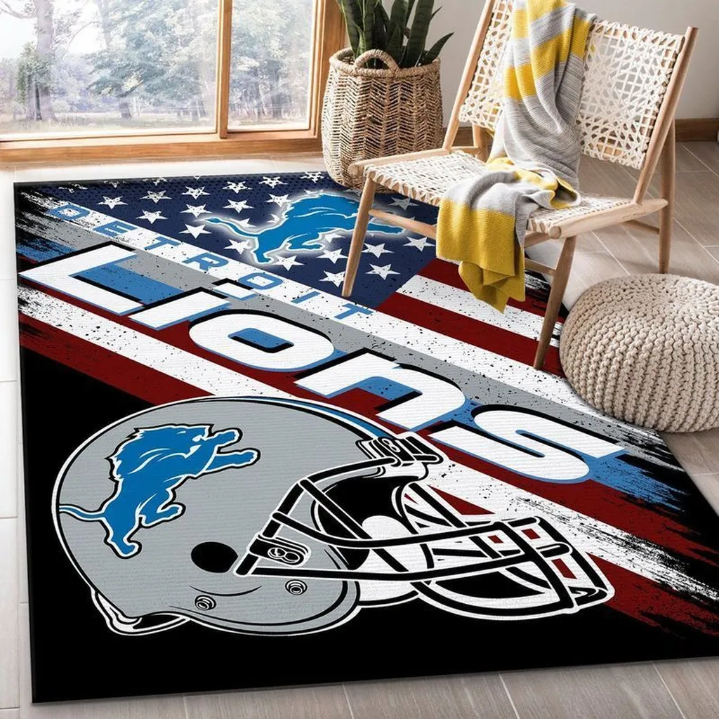 Detroit Lions Rug - Football Helmet Area for Fans Blue and Gray