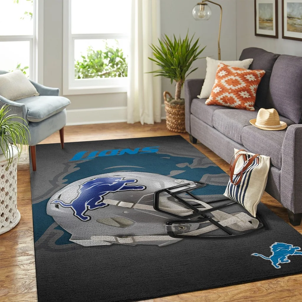 Detroit Lions Rug - Football Helmet for Fan Rooms Blue and Gray