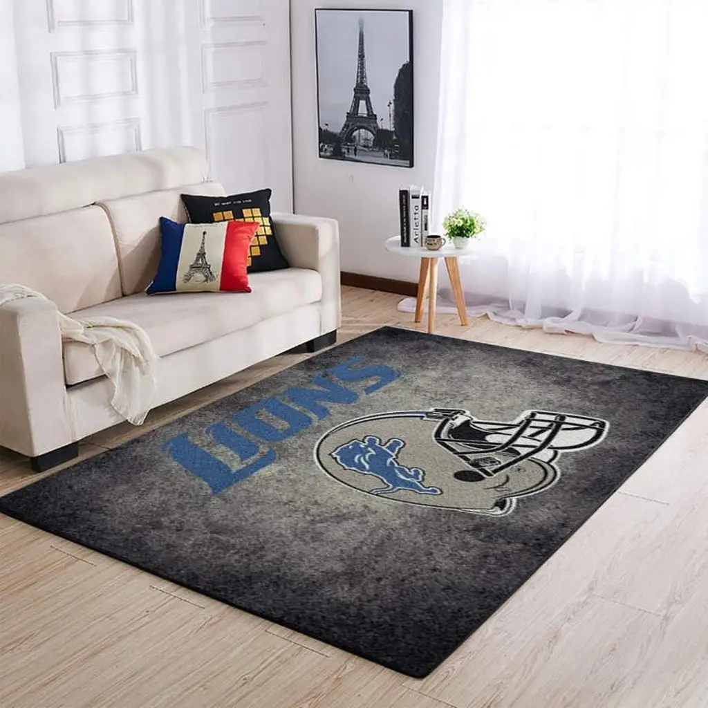 Detroit Lions Rug - Football Helmet Living Room Decor Blue and Gray
