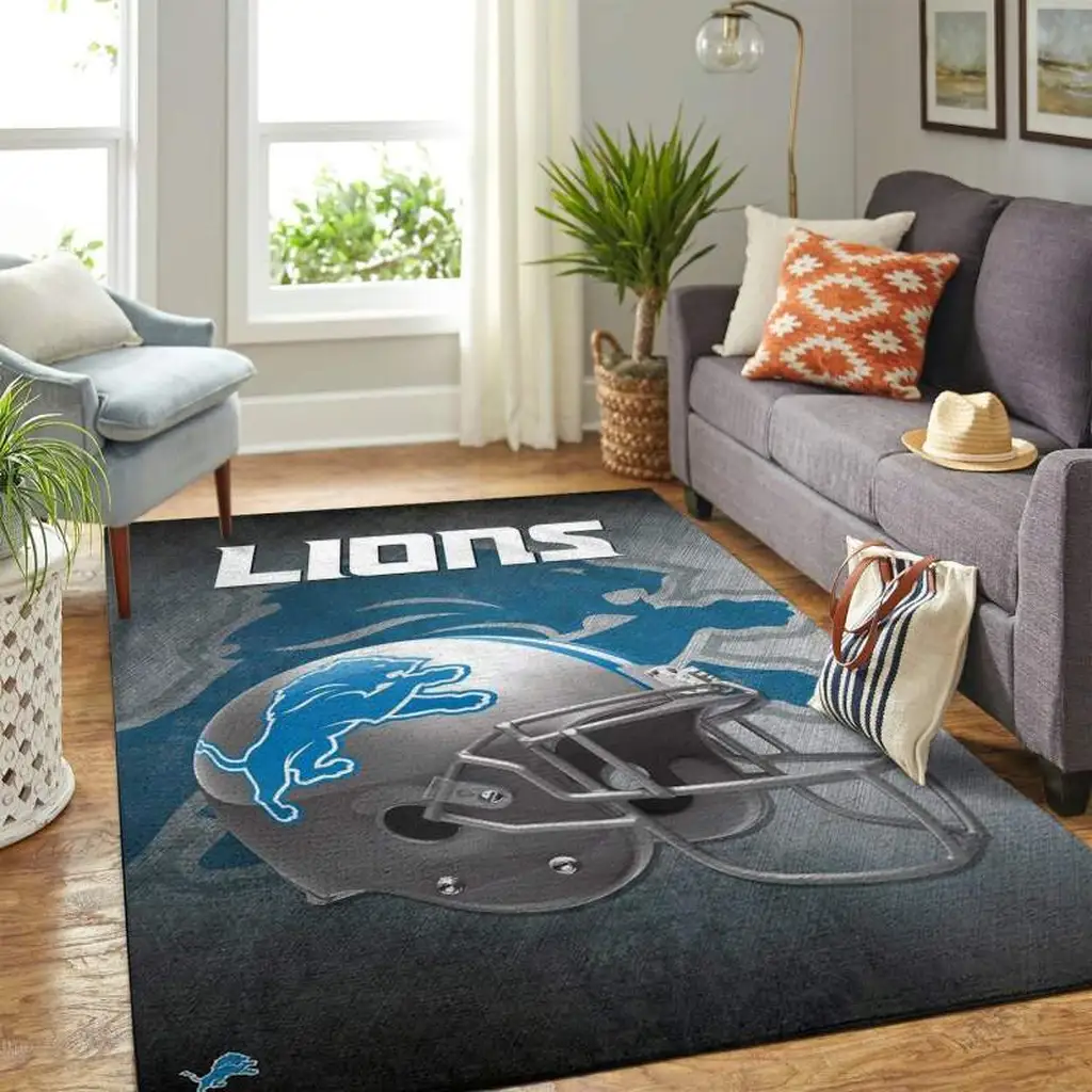 Detroit Lions Rug - Football Helmet Perfect for Fans Blue and Gray