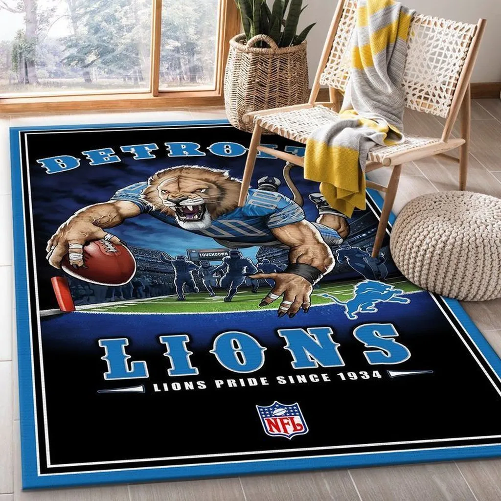 Detroit Lions Rug - NFL Sports Area for Fans Black and Blue