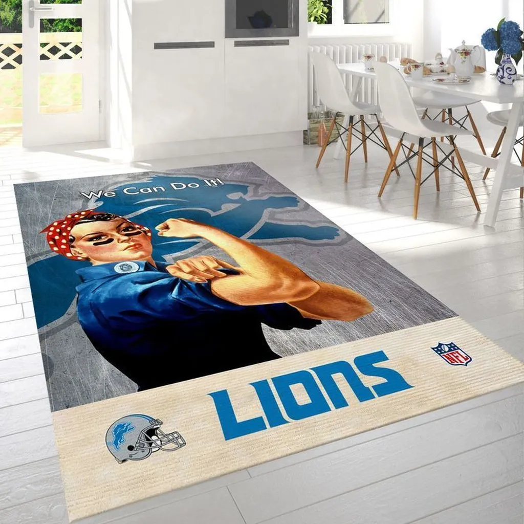 Detroit Lions Rug - Retro Rosie the Riveter Beige and Blue