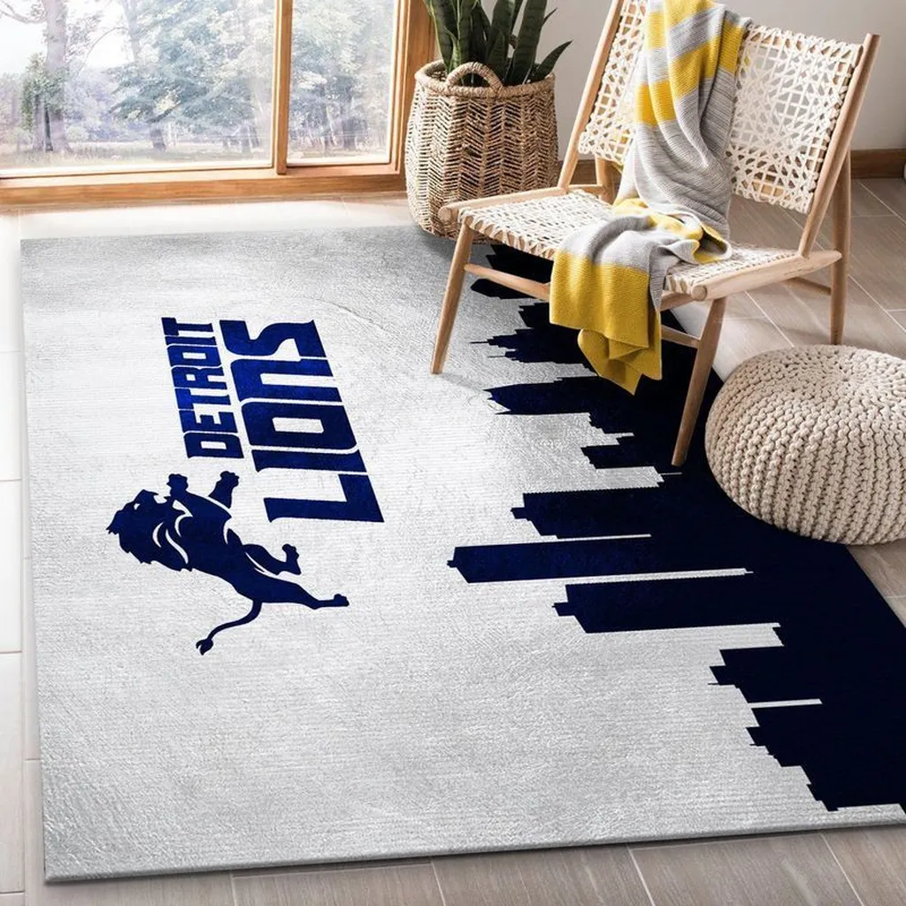 Detroit Lions Rug - Skyline Area for Home Decor Navy Blue and White