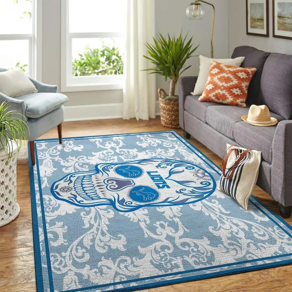 Detroit Lions Rug - Sugar Skull for Living Room Decor Blue and White