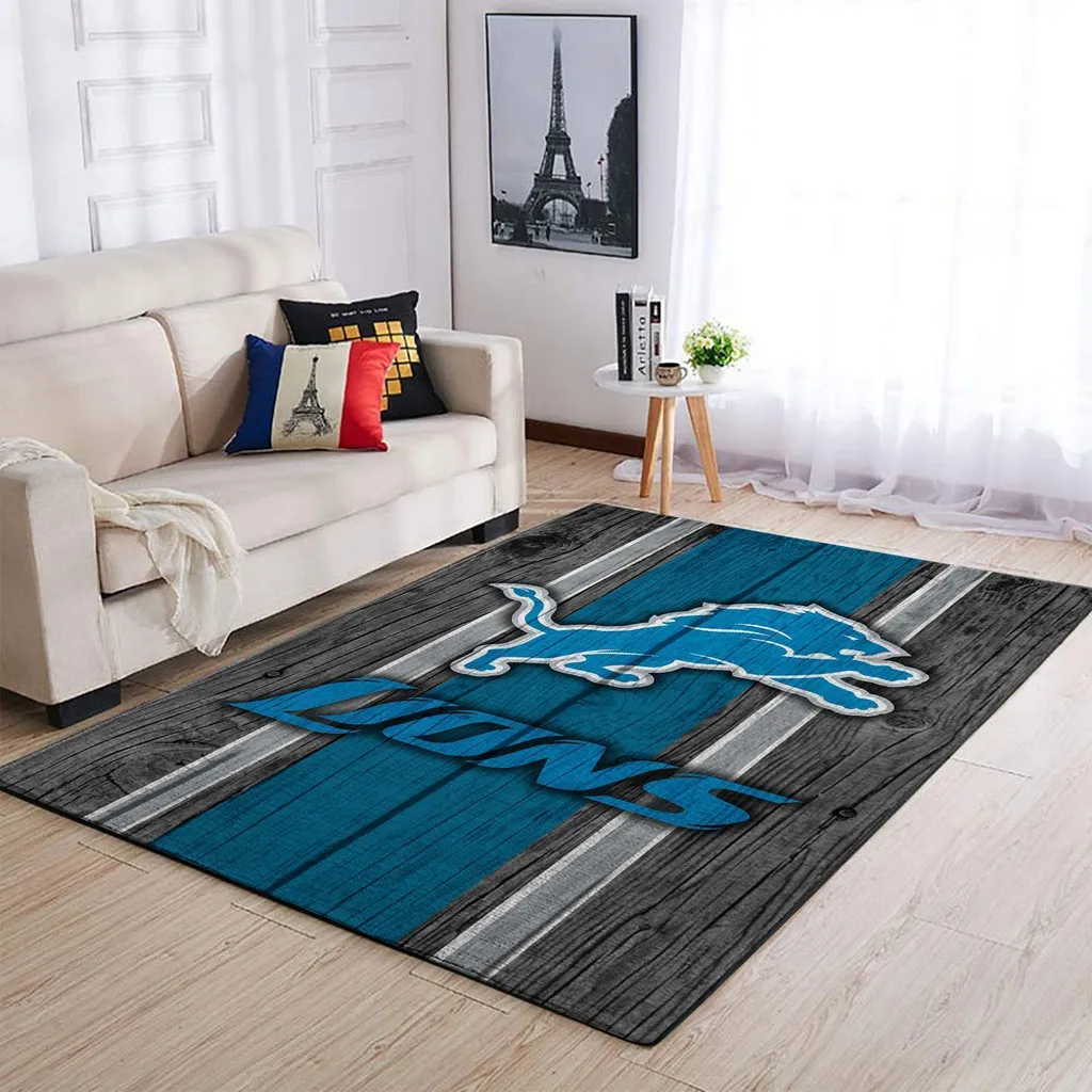 Detroit Lions Rug - Wooden Floor Pattern for Living Room Blue and Gray