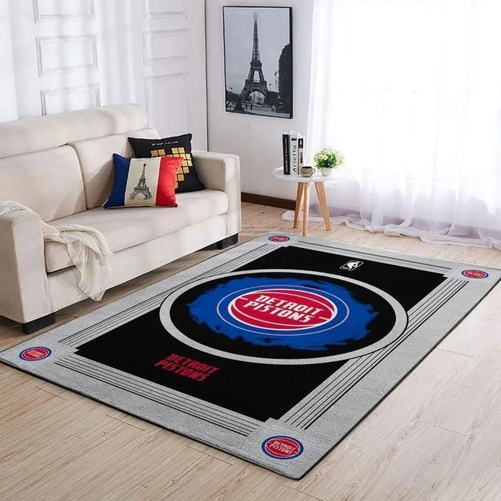 Detroit Pistons Rug - Basketball Court Area for Fans Blue and White