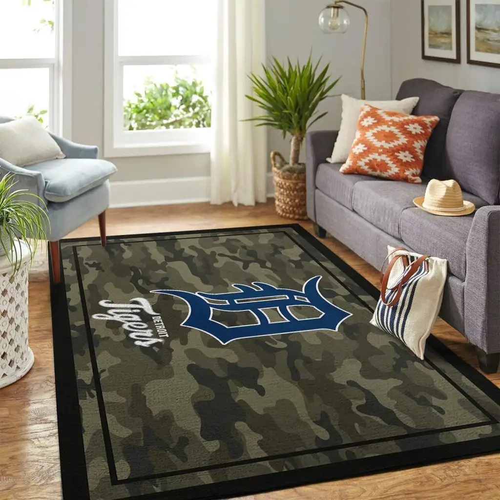 Detroit Tigers Rug - Camo Area for Living Room Black and Green