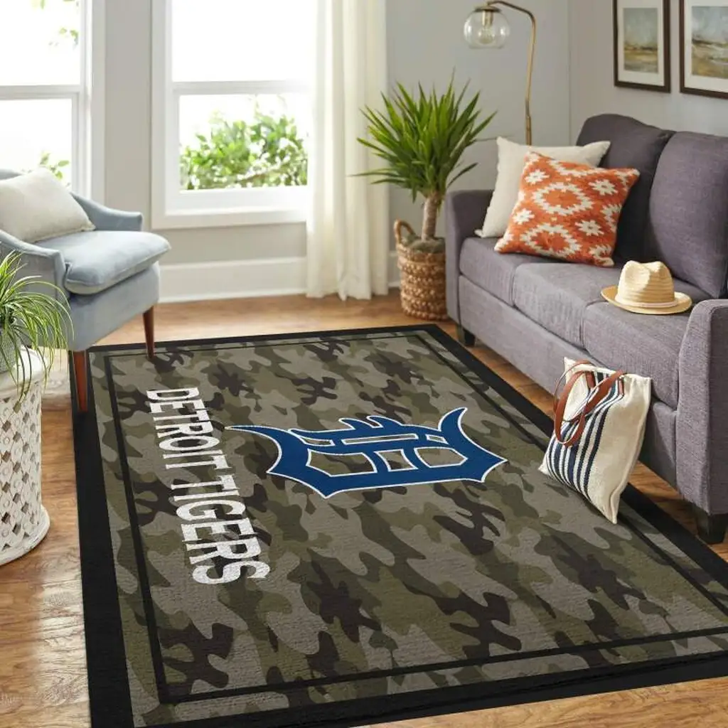 Detroit Tigers Rug - Camo for Living Room Home Decor Blue and Gray