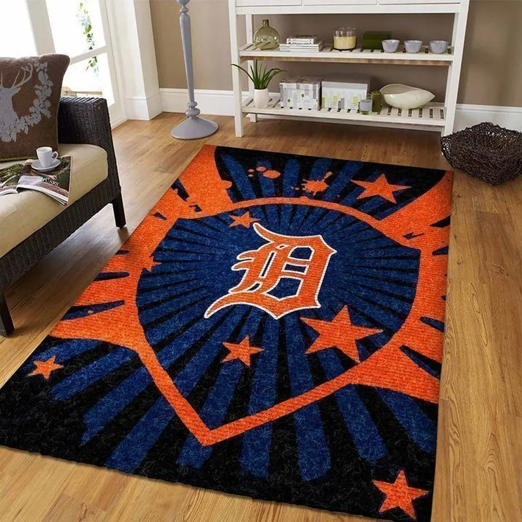 Detroit Tigers Rug - MLB Team Logo Decor Carpet Blue and Orange