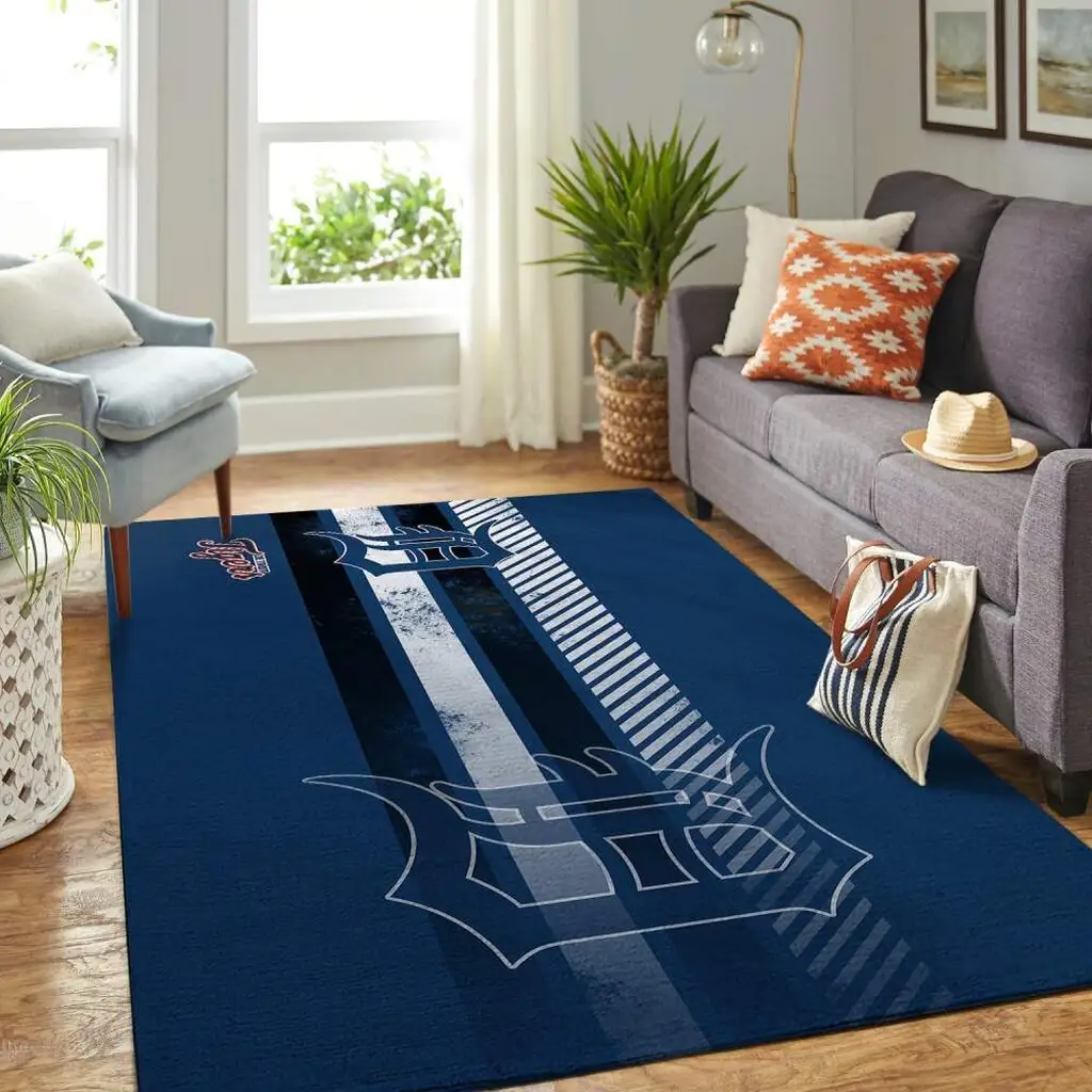 Detroit Tigers Rug - Striped Area for Living Room Decor Blue and White