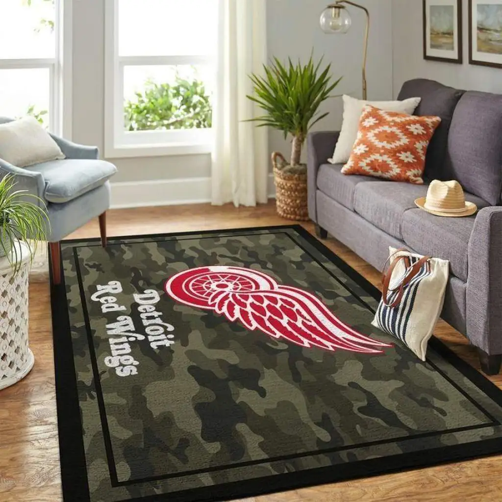 Detroit Wings Rug - Camo Area for Living Room Black and Green