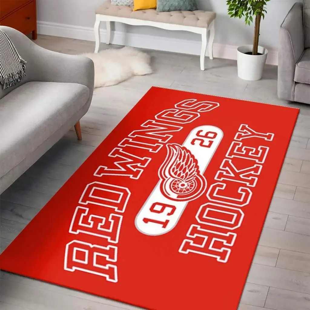 Detroit Wings Rug - Hockey Area Floor Mat for Fans Red and White