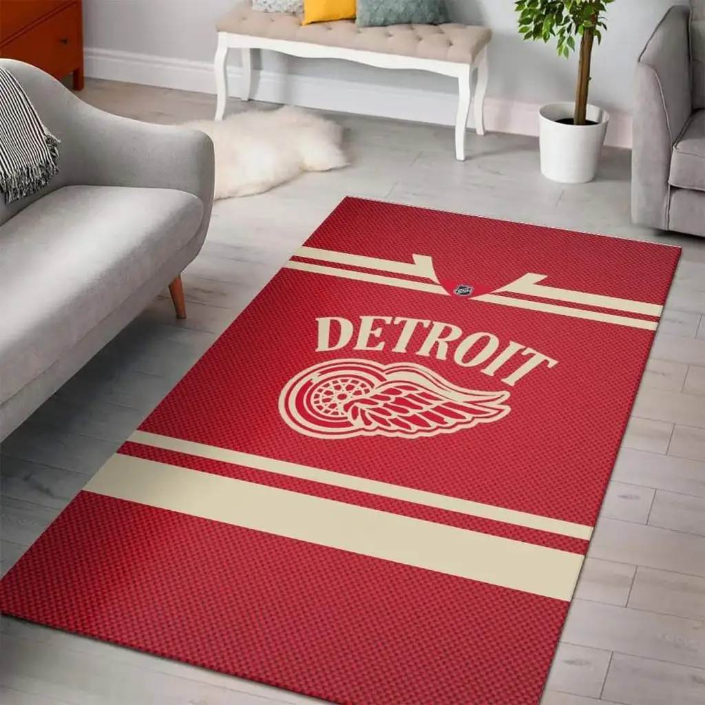 Detroit Wings Rug - Inspired Area for Living Room Decor Beige and Red