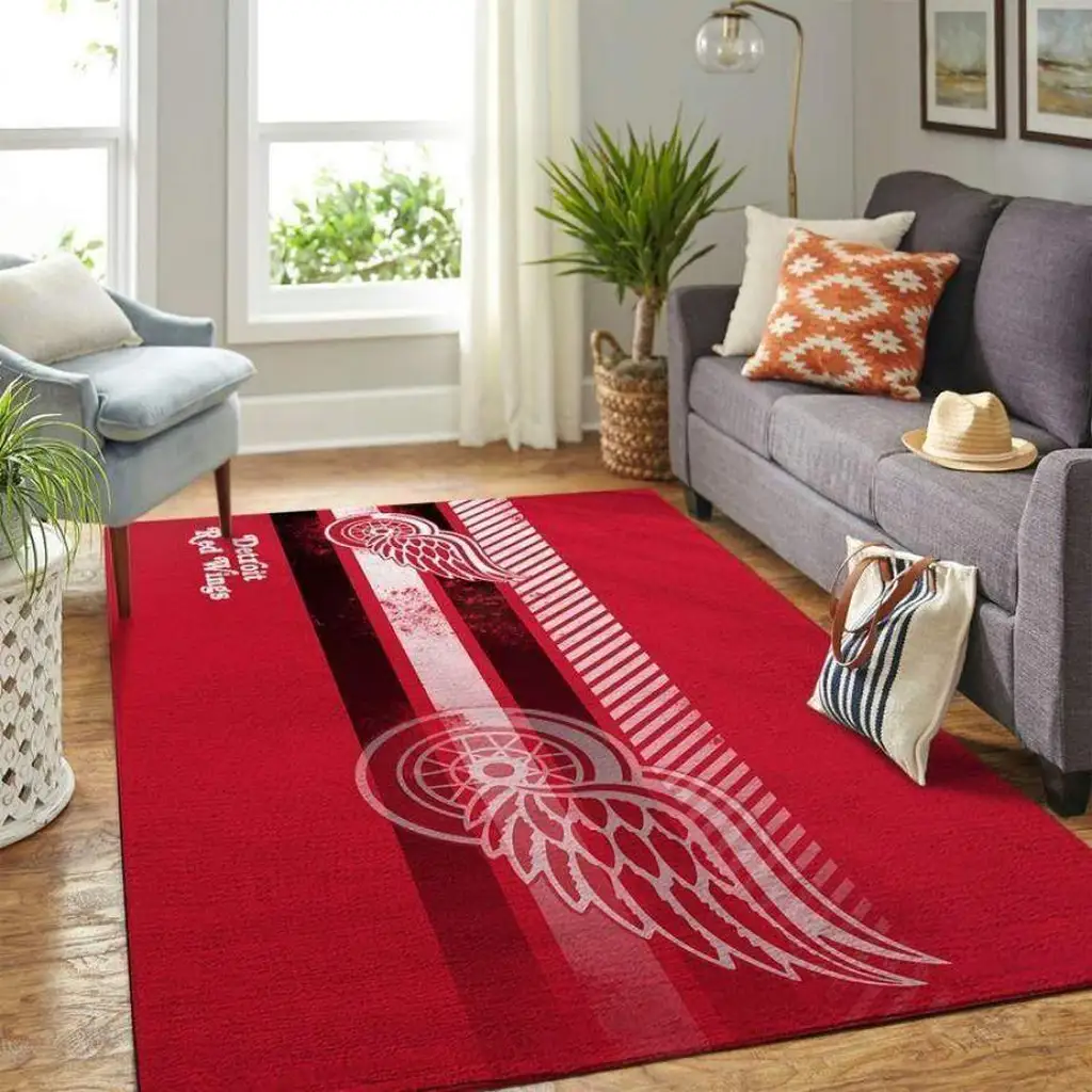Detroit Wings Rug - Modern Hockey Area Floor Mat Red and White