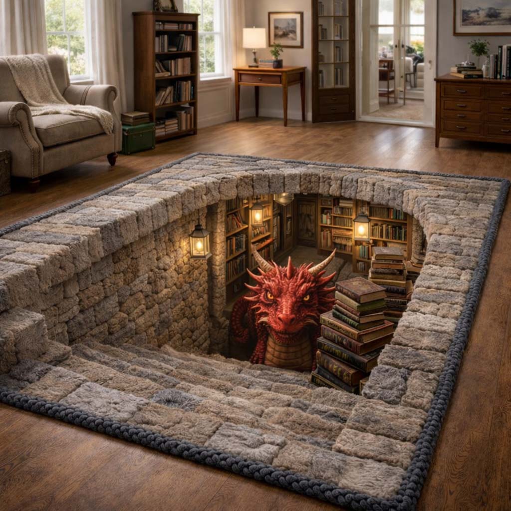 Dragon Library Lair Area Rug - Non-Slip Washable 3D Print Rug for Living Room & BedroomTVC2108421