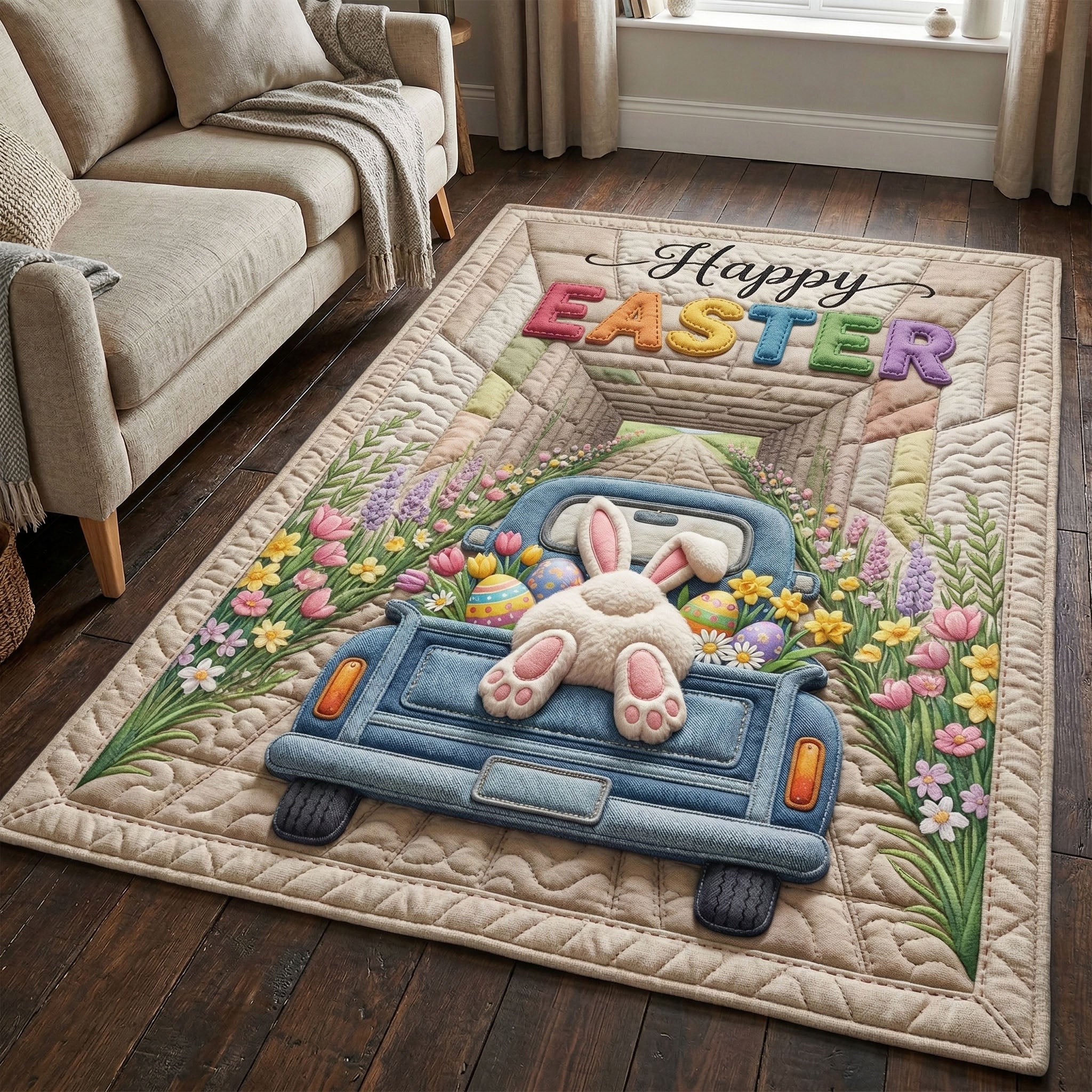 Easter Truck Area Rug - Non-Slip Washable 3D Print Rug for Living Room & BedroomTVC2108333