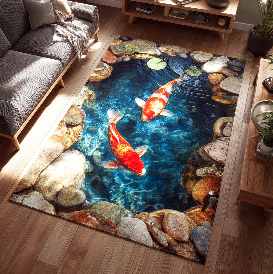 Emerald Koi Pool Area Rug - Non-Slip Washable 3D Print Rug for Living Room & BedroomTVC2108328