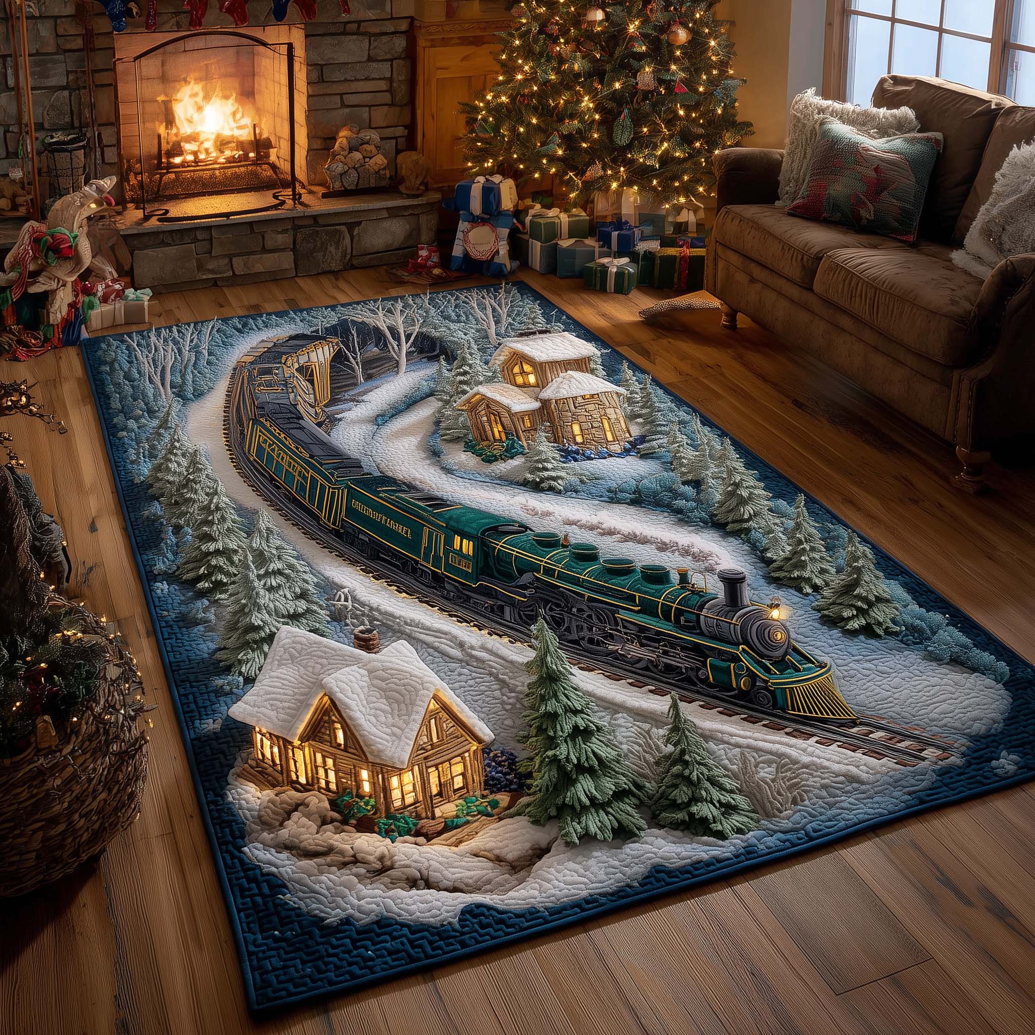 Emerald Polar Train Area Rug - Non-Slip Washable 3D Print Rug for Living Room & Bedroom (DesignTVC2108420