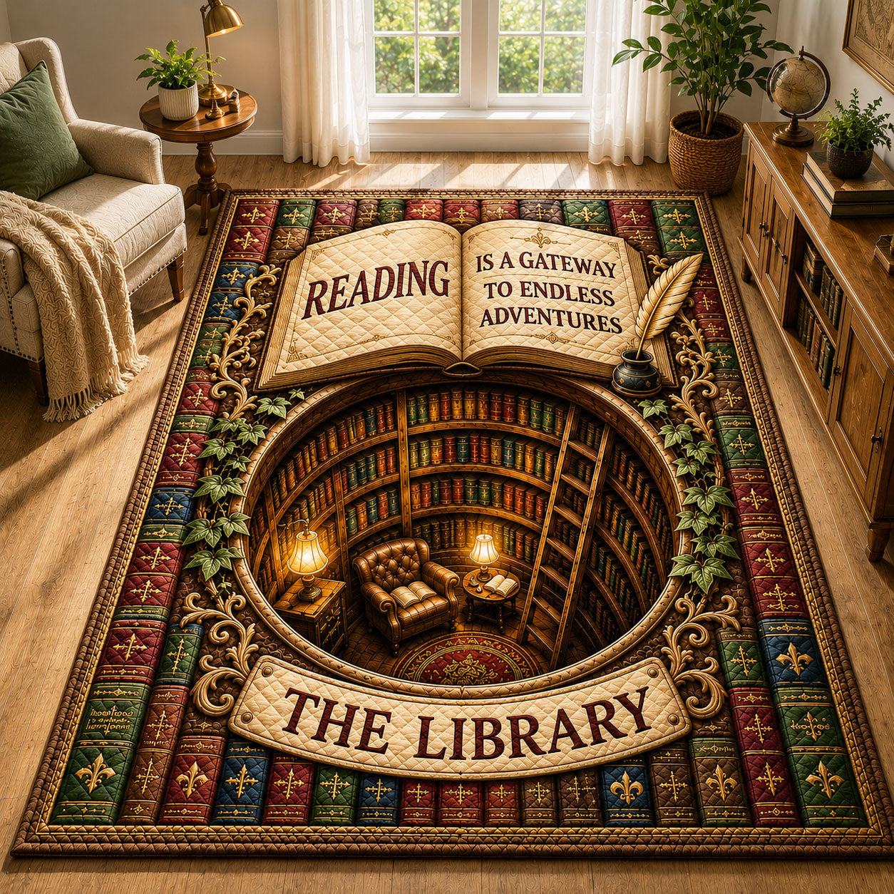 Endless Adventures Library Area Rug - Non-Slip Washable 3D Print Rug for Living Room & BedroomTVC2108419