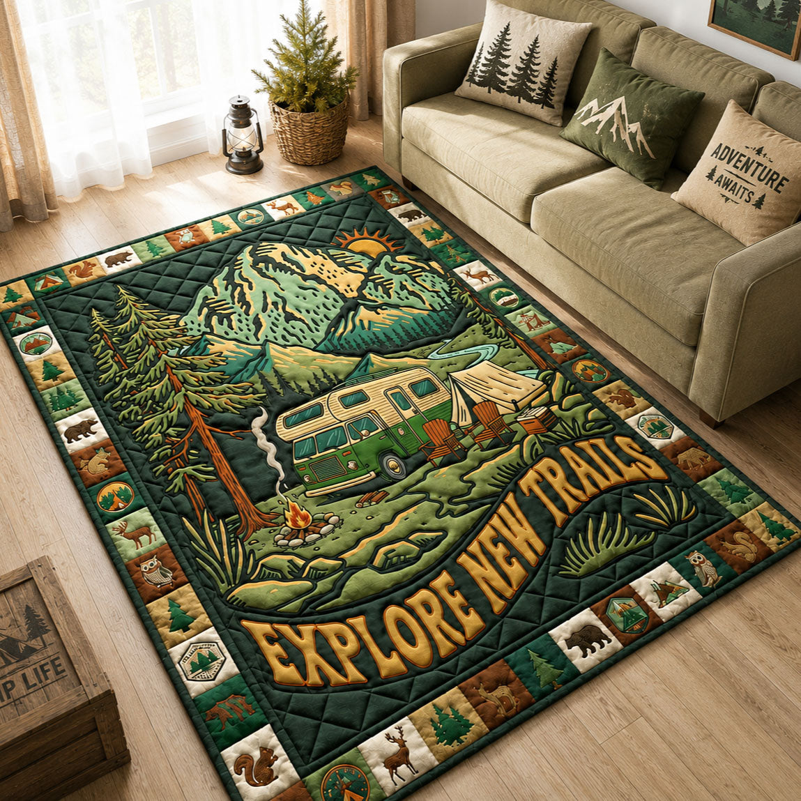 Explore New Trails Camping Area Rug - Non-Slip Washable 3D Print Rug for Living Room & BedroomTVC2108419