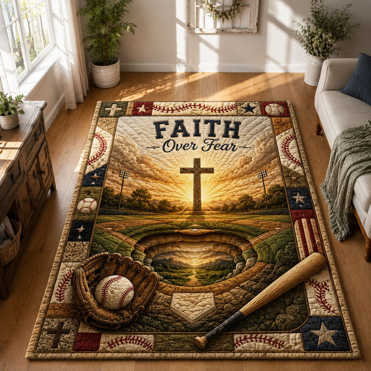 Faith Over Fear Christian Baseball Faith Area Rug - Non-Slip Washable 3D Print Rug for Living Room & BedroomTVC2108419