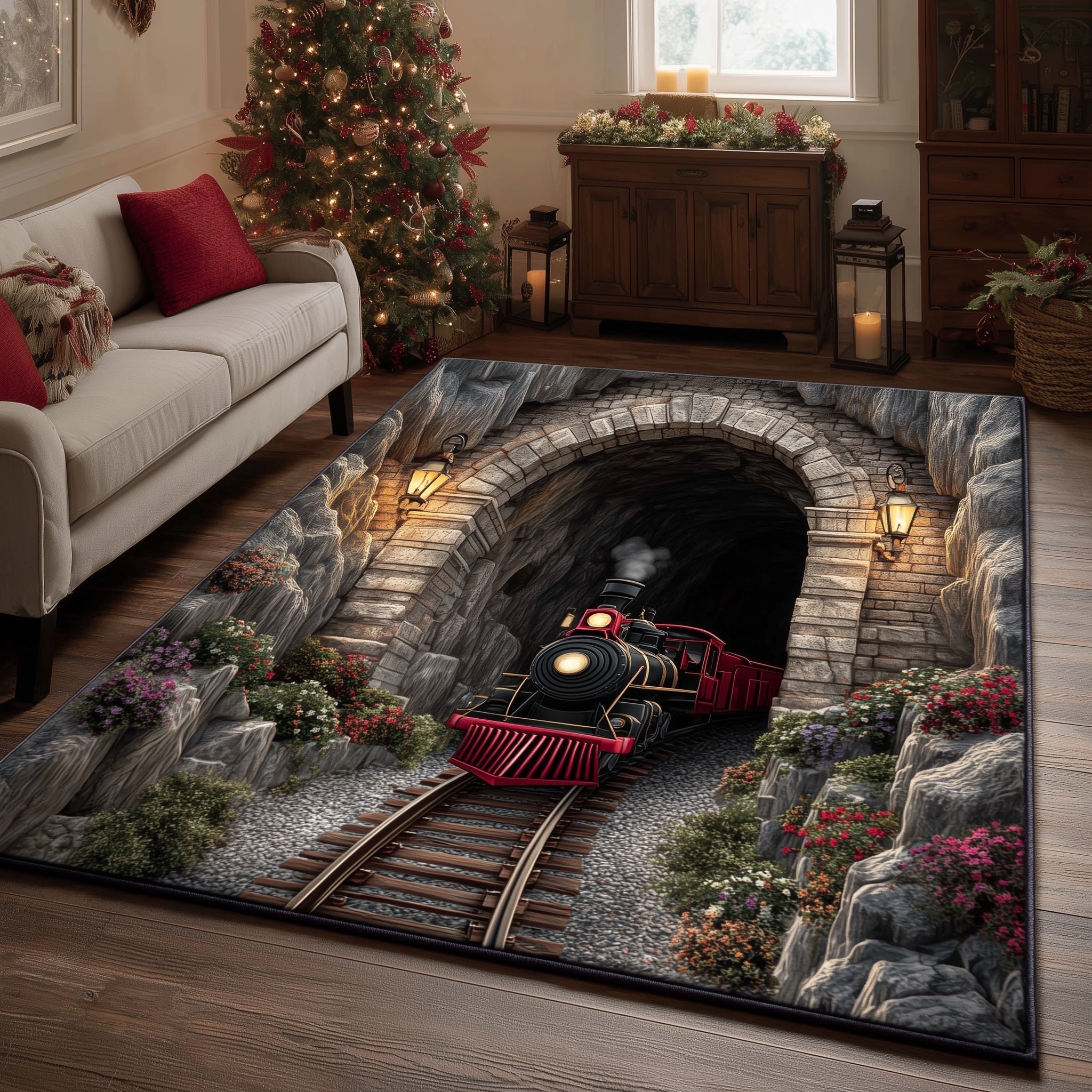 Festive Railway Area Rug - Non-Slip Washable 3D Print Rug for Living Room & BedroomTVC2108224