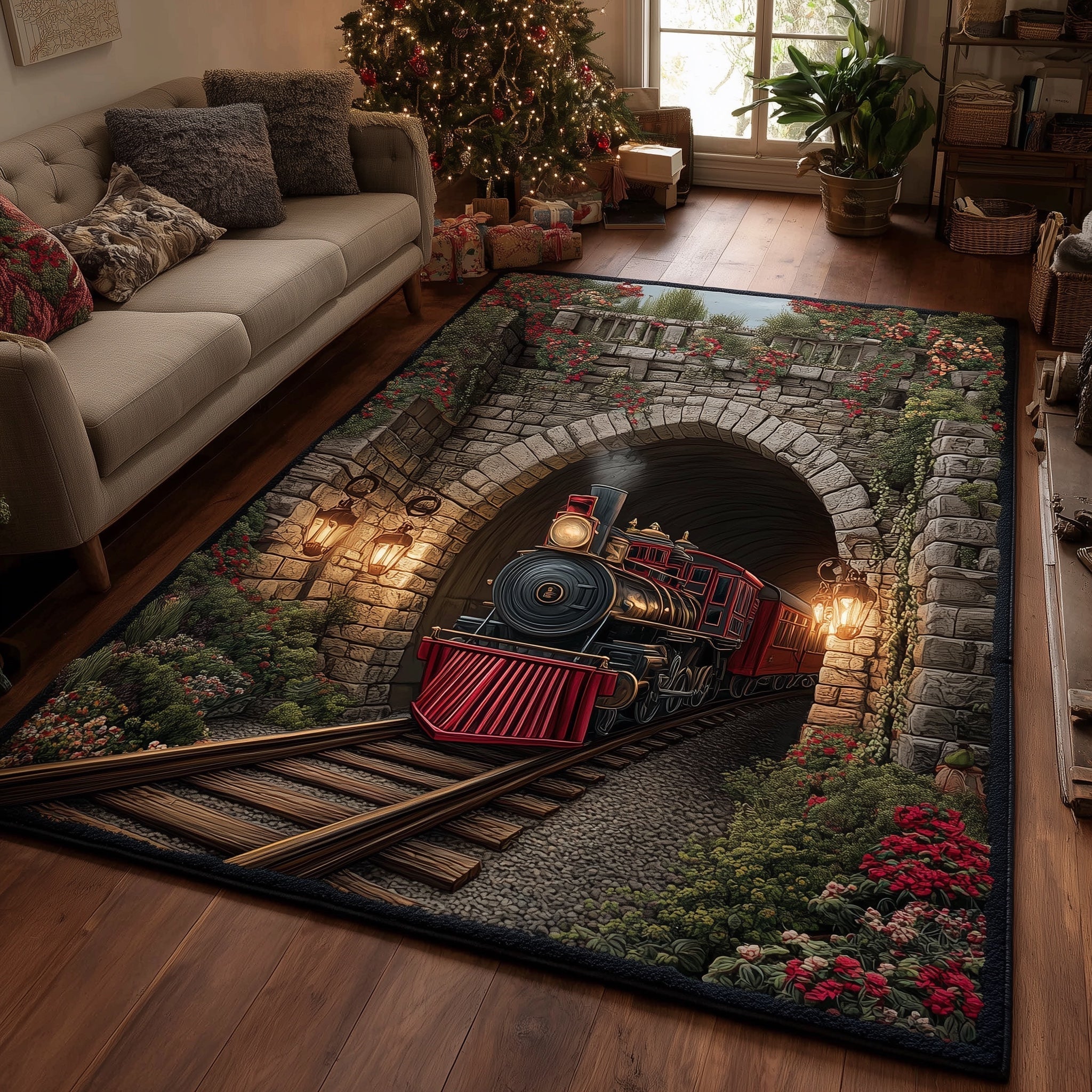 Festive Railway Area Rug - Non-Slip Washable 3D Print Rug for Living Room & BedroomTVC2108418
