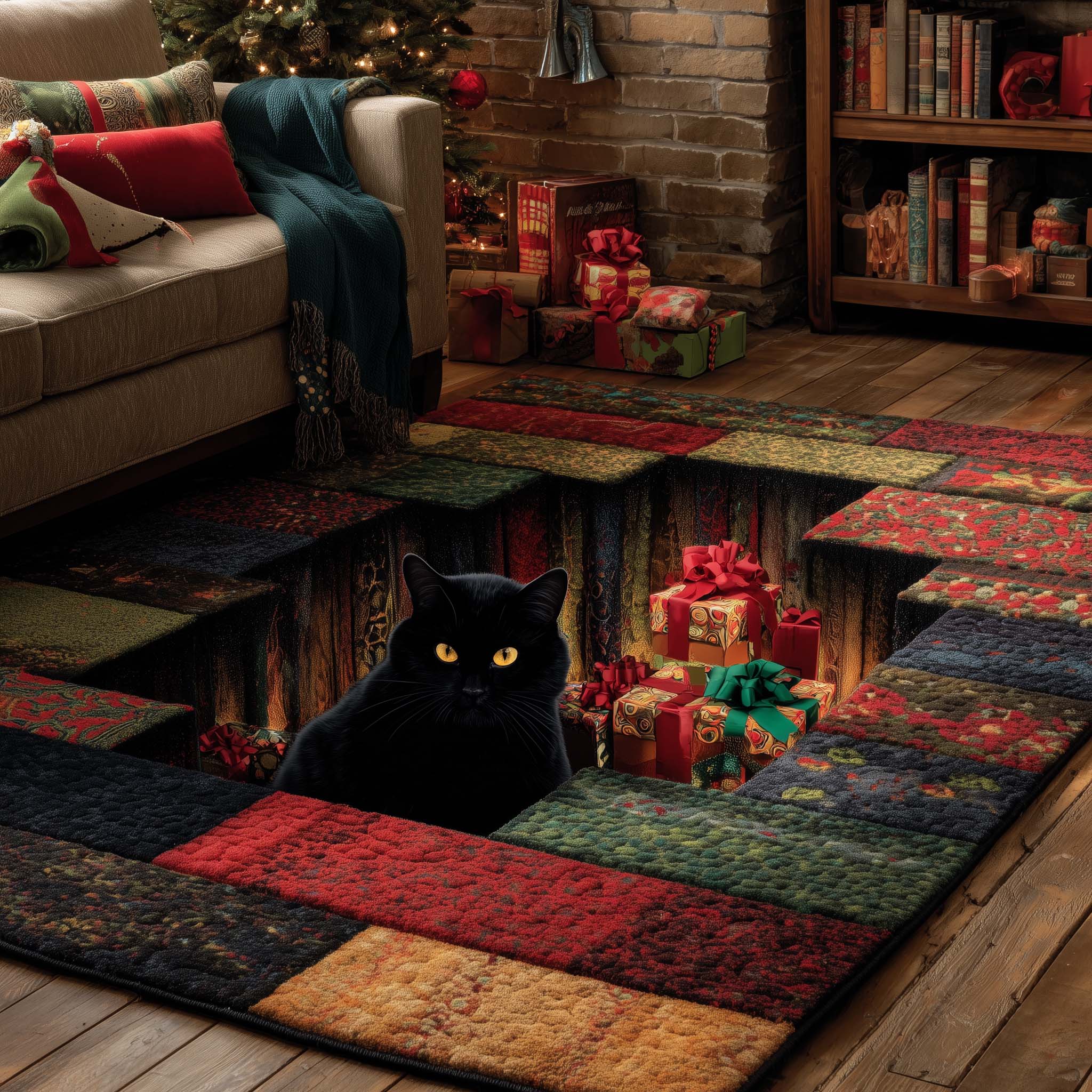 Festive Shadow Paws Area Rug - Non-Slip Washable 3D Print Rug for Living Room & BedroomTVC2108236