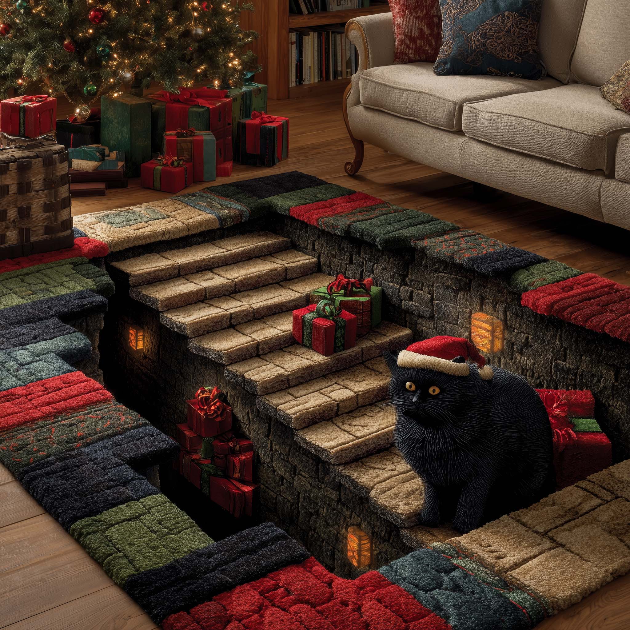 Festive Shadow Paws Area Rug - Non-Slip Washable 3D Print Rug for Living Room & BedroomTVC2108418