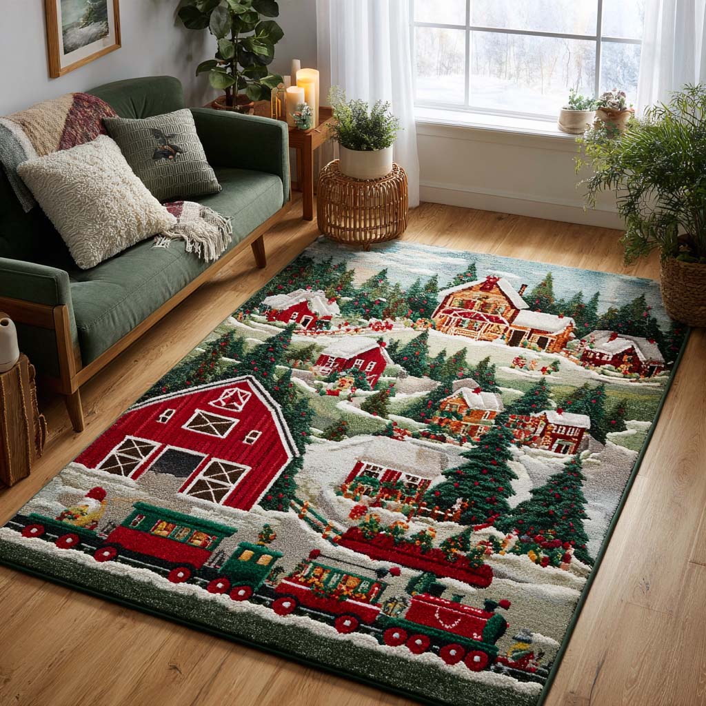 Festive Train Area Rug - Non-Slip Washable 3D Print Rug for Living Room & BedroomTVC2108326