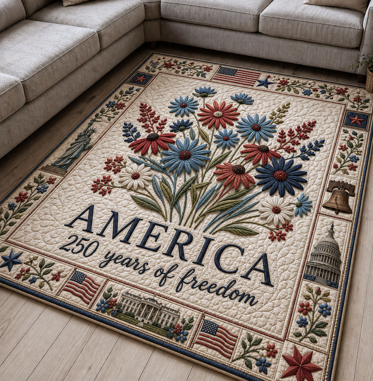 Floral America 250 Area Rug - Non-Slip Washable 3D Print Rug for Living Room & BedroomTVC2108418