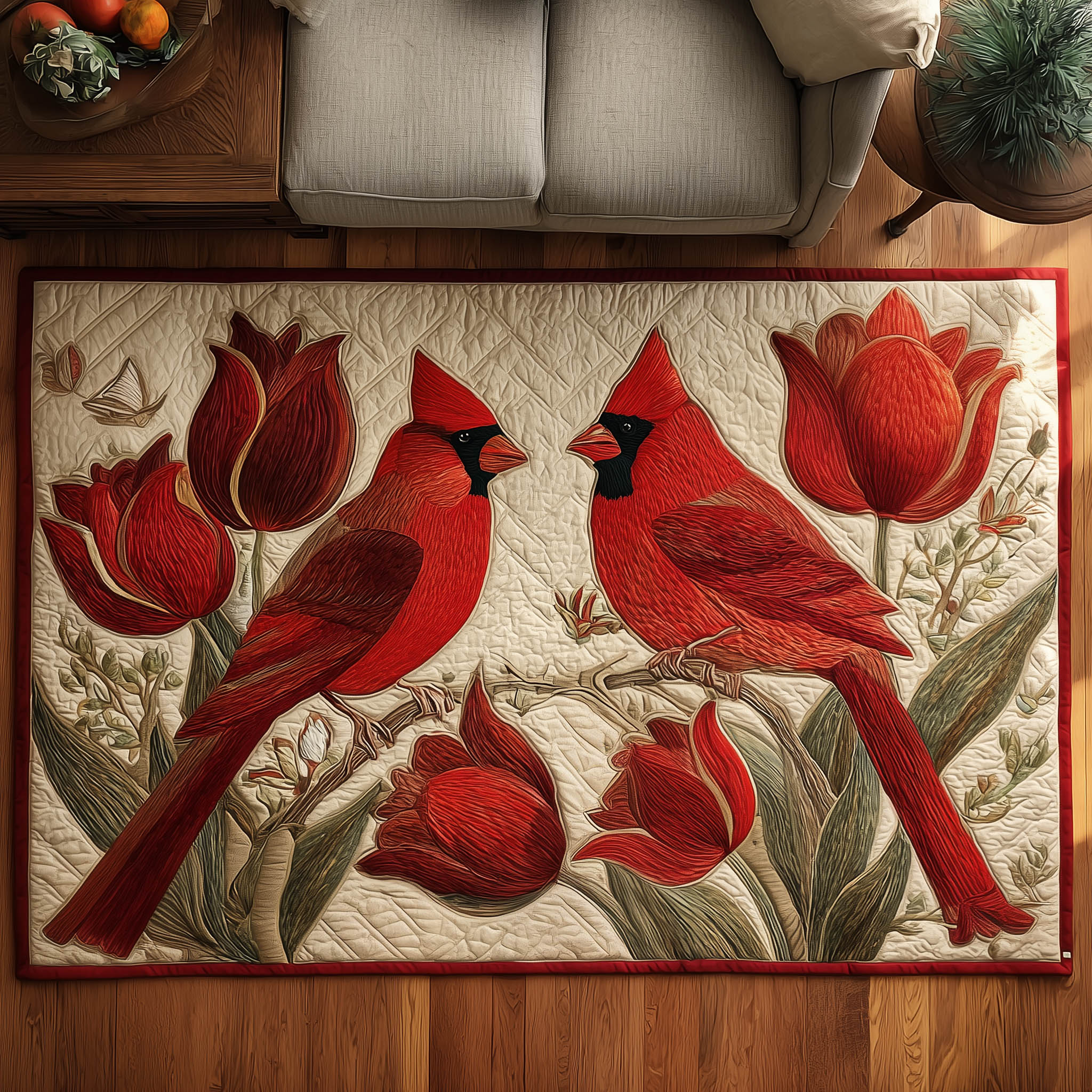 Floral Cardinals Cardinal Area Rug - Non-Slip Washable 3D Print Rug for Living Room & BedroomTVC2108418