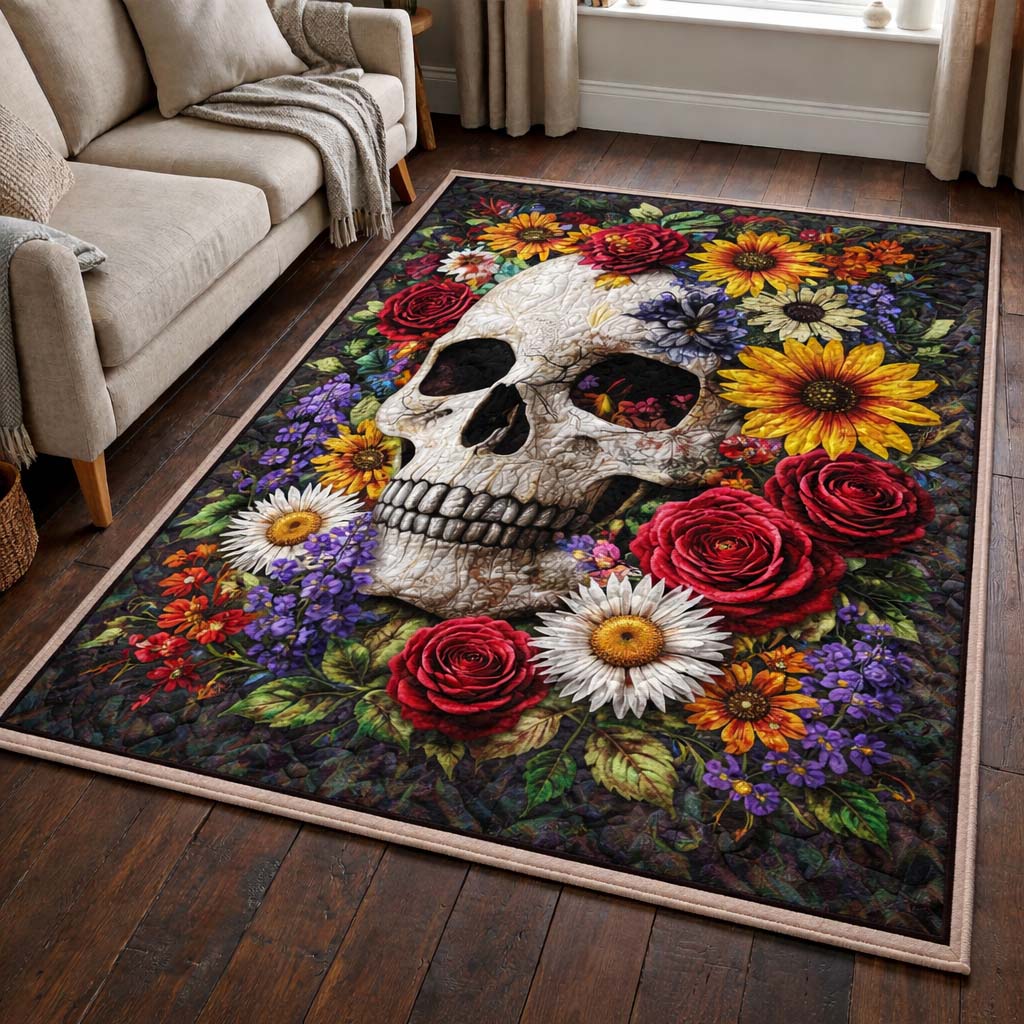Floral Garden Skull Area Rug - Non-Slip Washable 3D Print Rug for Living Room & BedroomTVC2108418
