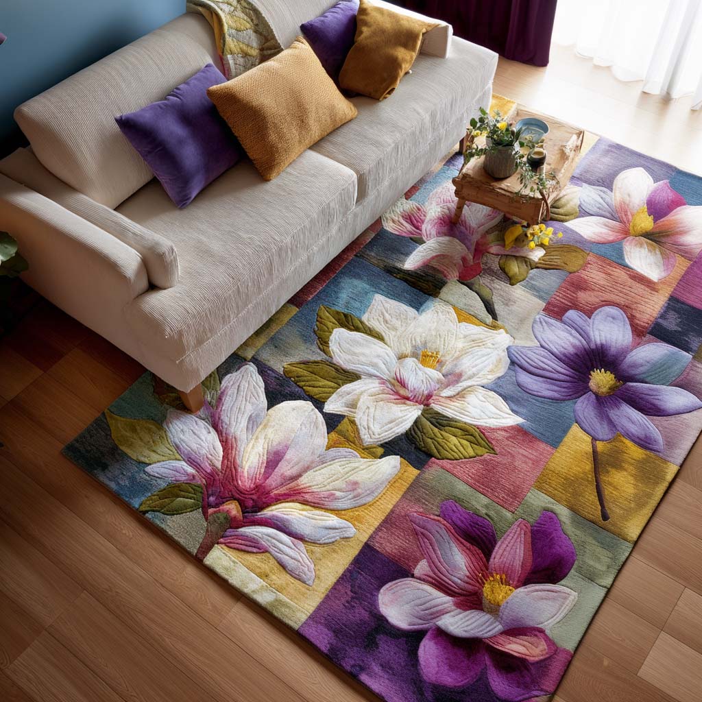 Floral Patchwork Area Rug - Non-Slip Washable 3D Print Rug for Living Room & BedroomTVC2108325