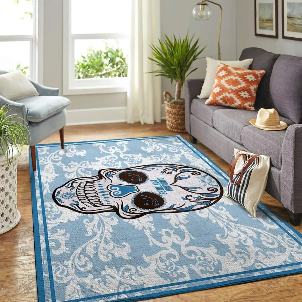 Floral Rug with Unique Decorative Skull Pattern Blue and White