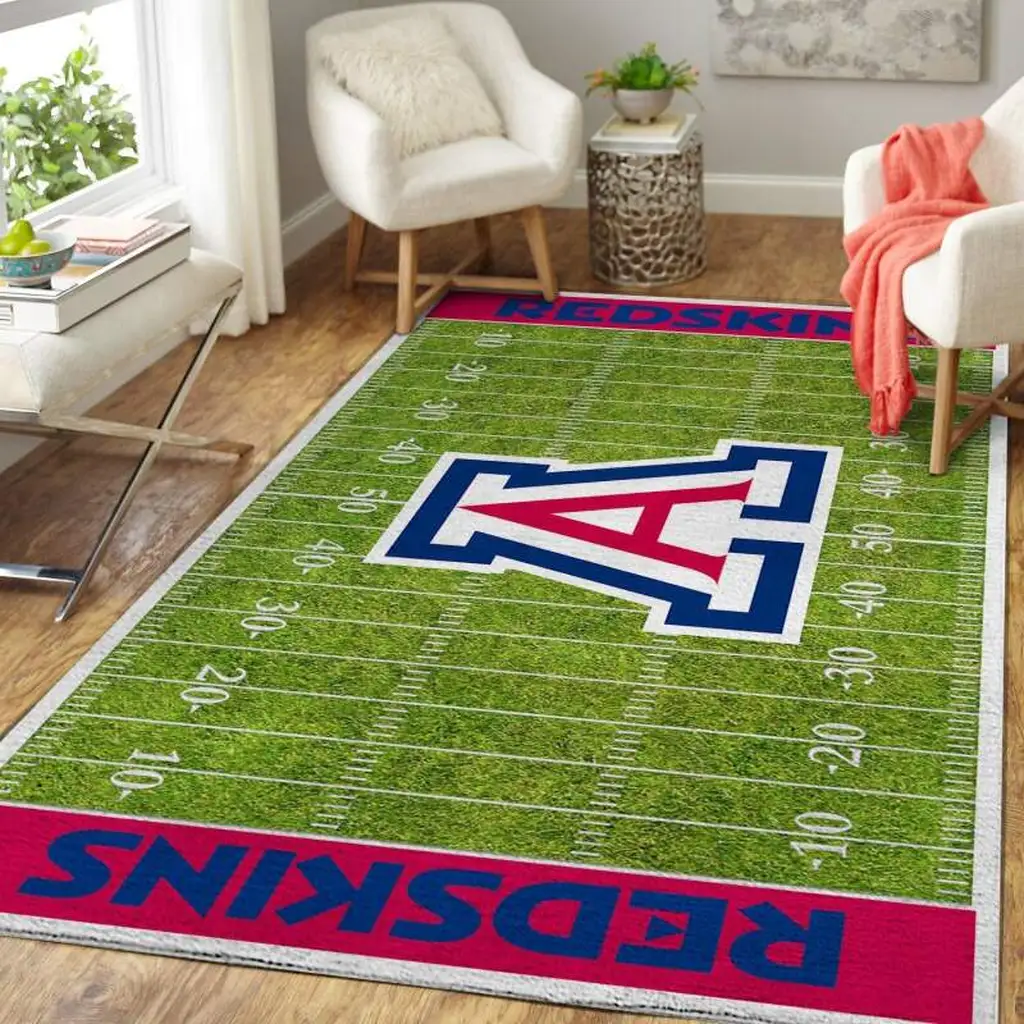 Football Field Rug for Game Room Decor and Fans Green and Red