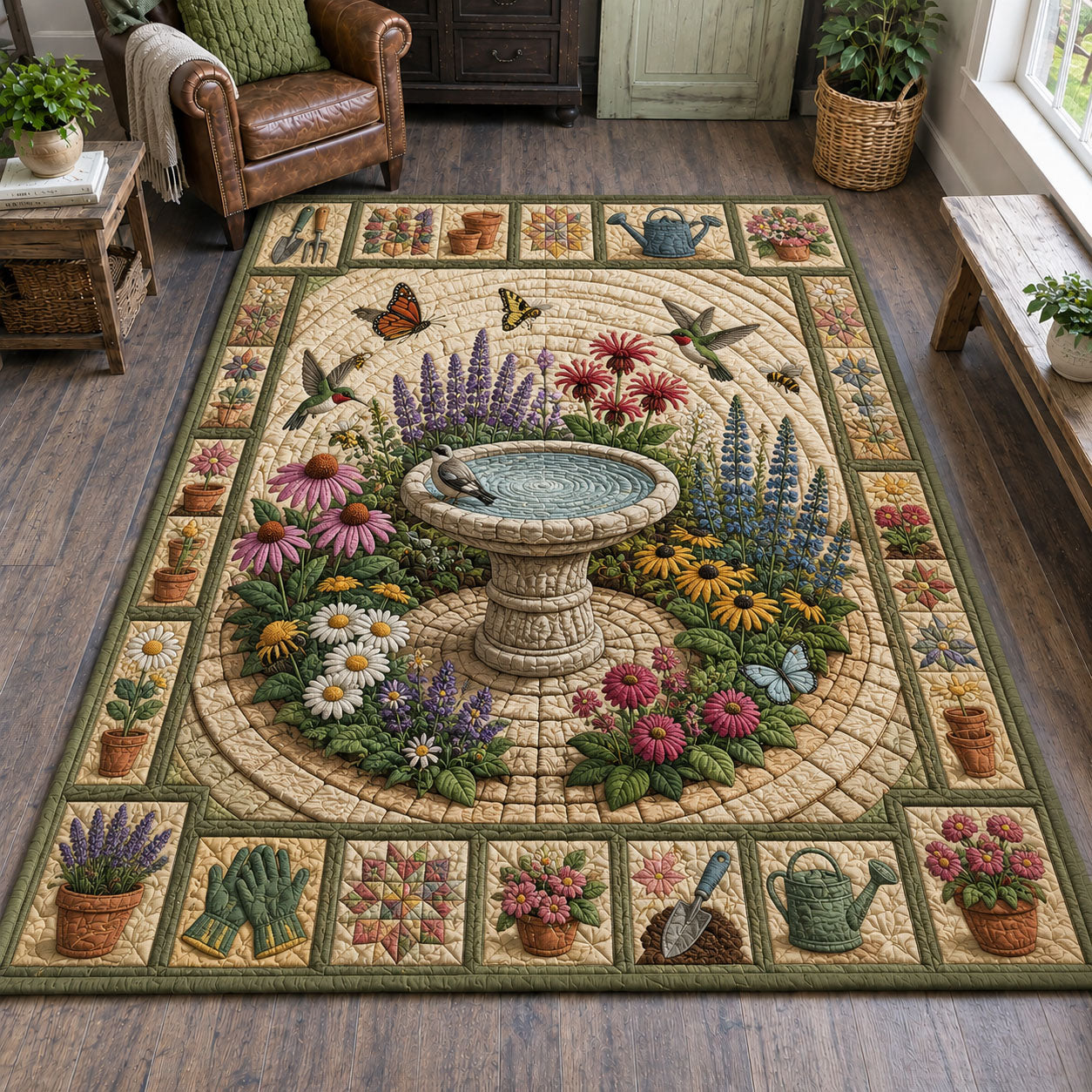 Garden Birdbath Sanctuary Cardinal Area Rug - Non-Slip Washable 3D Print Rug for Living Room & BedroomTVC2108416