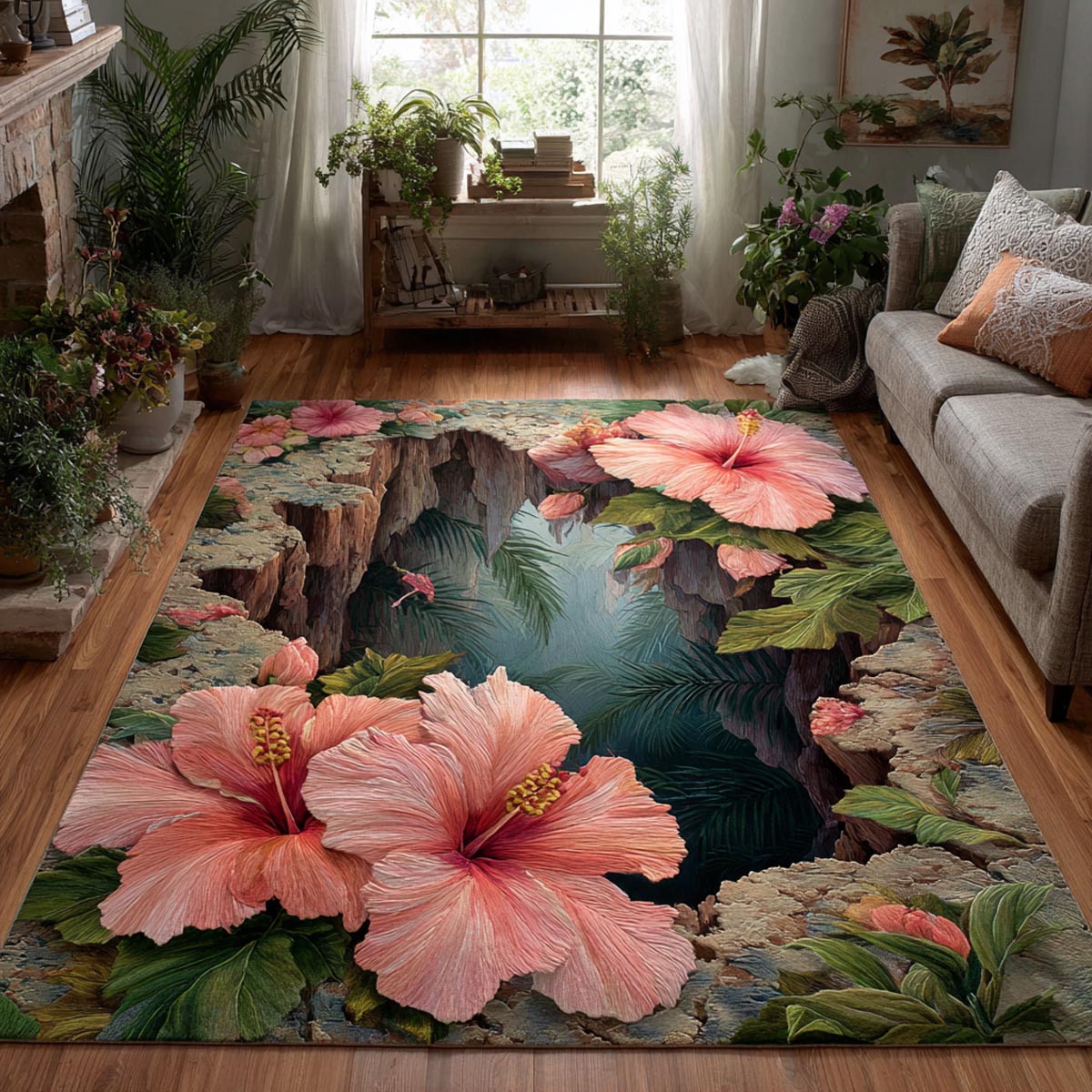 Gentle Hibiscus Area Rug - Non-Slip Washable 3D Print Rug for Living Room & BedroomTVC2108321
