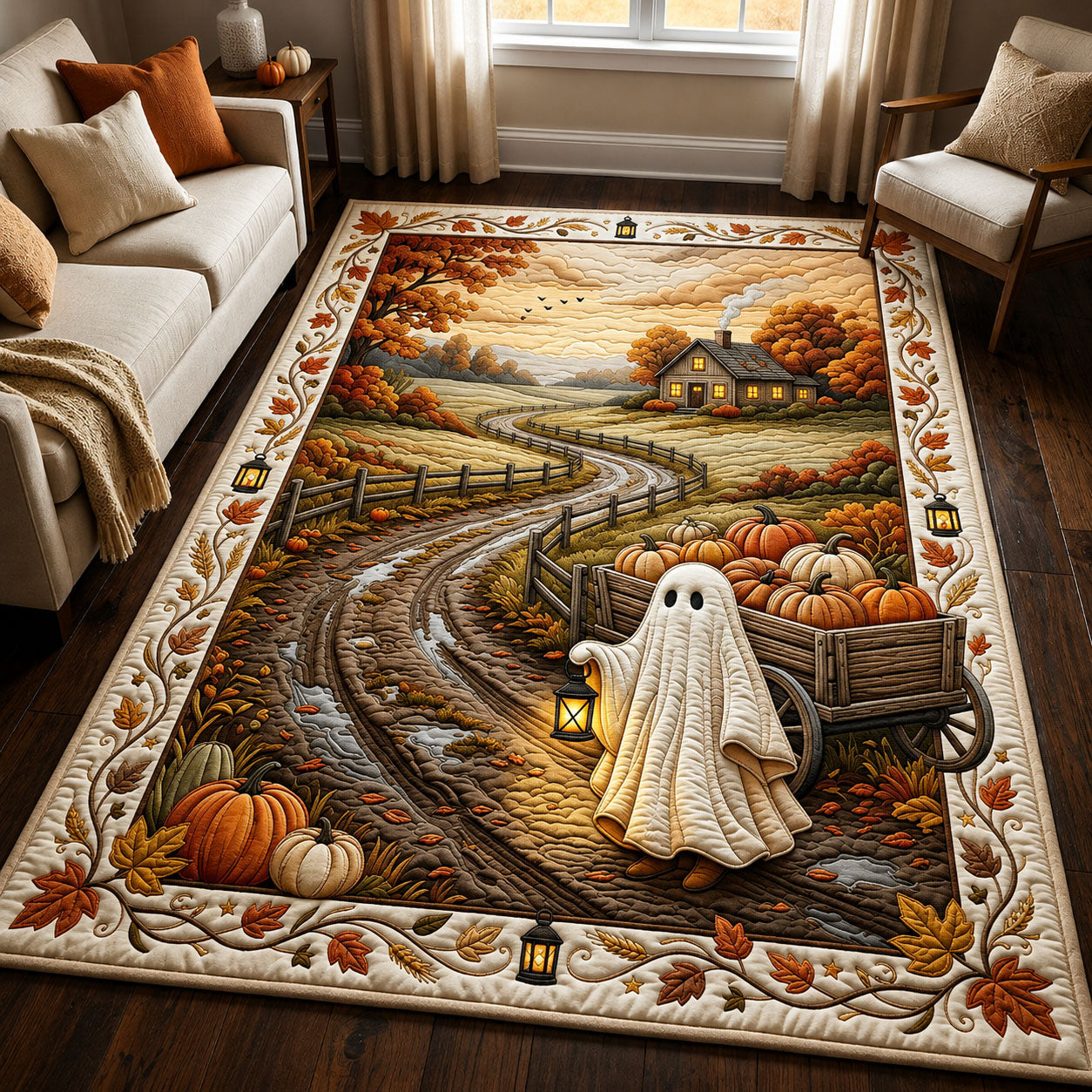 Ghost Pumpkin Wagon Autumn Landscape Halloween Area Rug - Non-Slip Washable 3D Print Rug for Living Room & BedroomTVC2108415