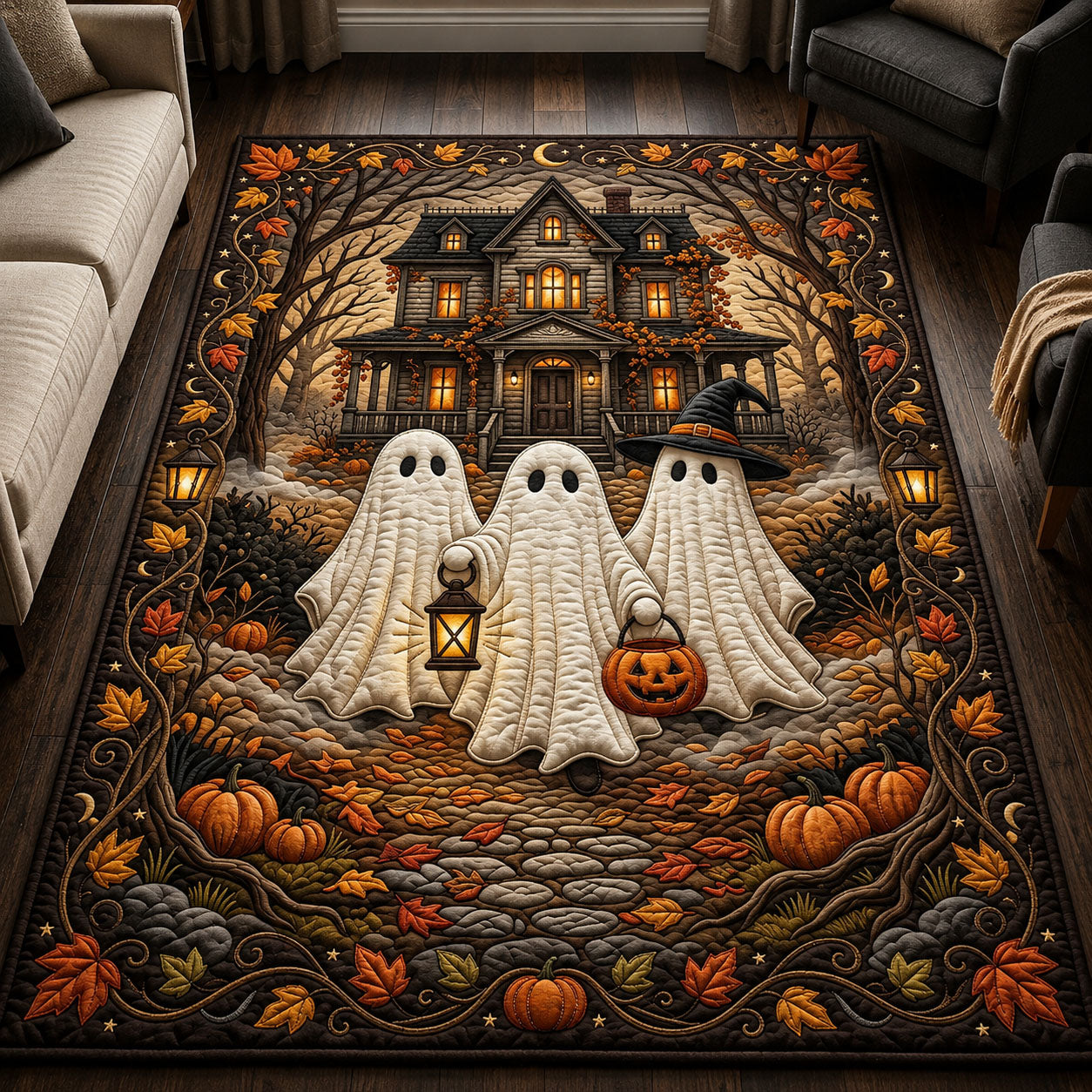 Ghost Trio With Lantern Halloween Area Rug - Non-Slip Washable 3D Print Rug for Living Room & BedroomTVC2108415