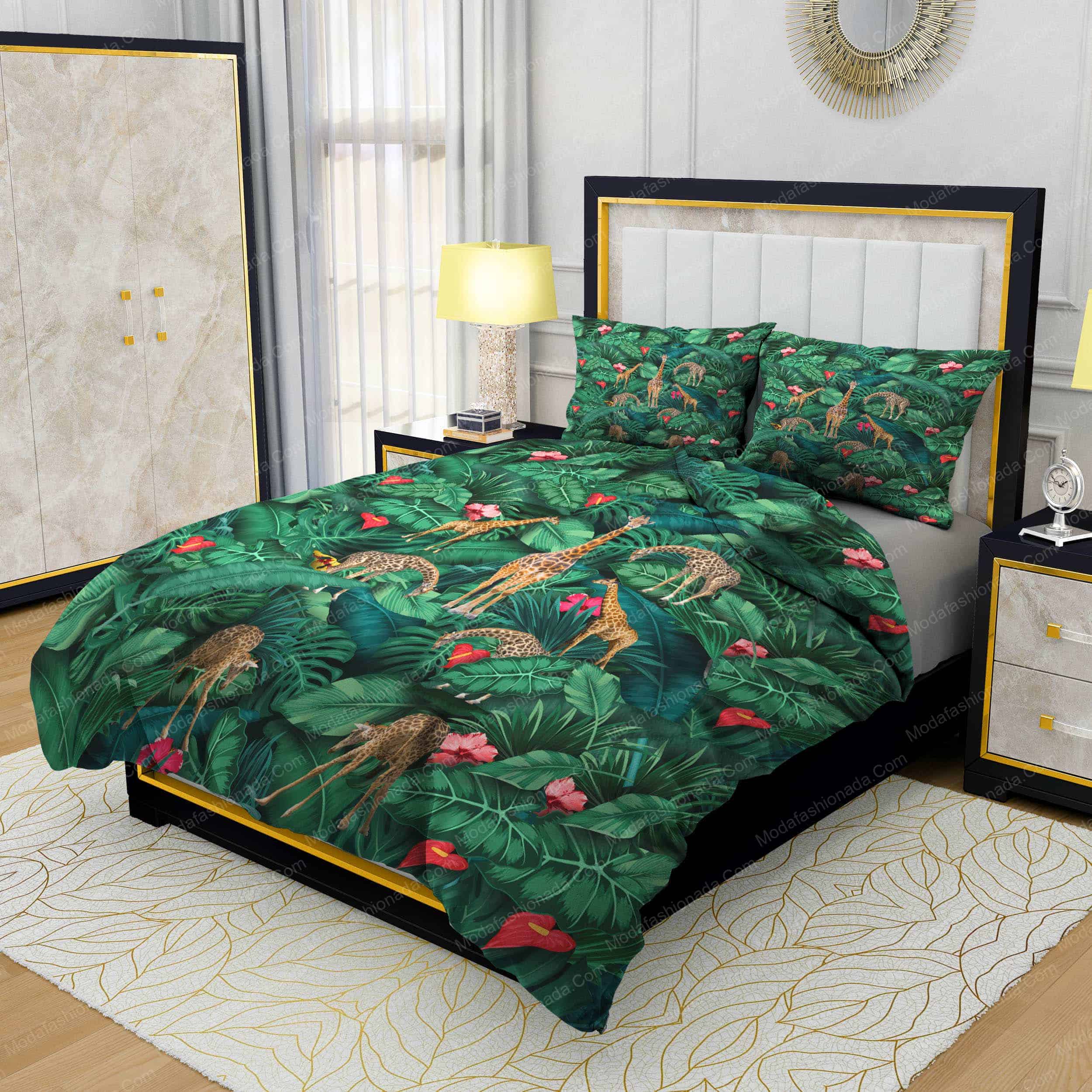 Giraffe And Flower Green Leaves Bedding Sets